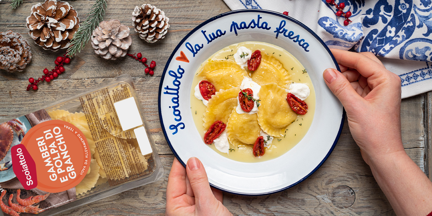 Granpanzerotti polpa di granchio e gamberi su crema di patate al limone con burrata e pomodorini confit – di Sonia Peronaci